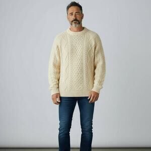 Standun Ireland Hand-Knit Wool Fisherman Sweater Vintage Men's Sz S Cream Aran